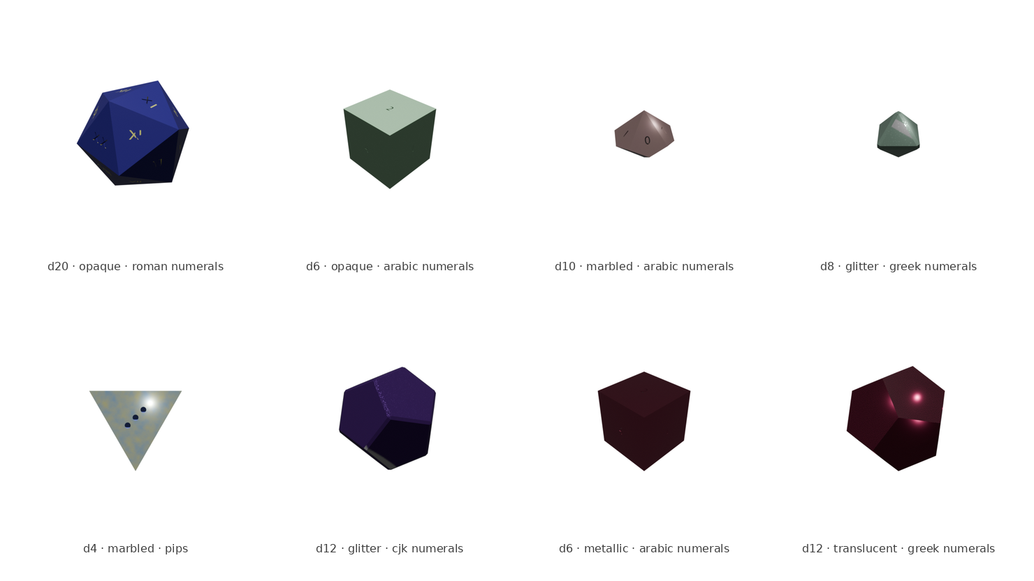 8 of the 500 generated assets, spanning all 6 die types and a range of material/glyph combinations