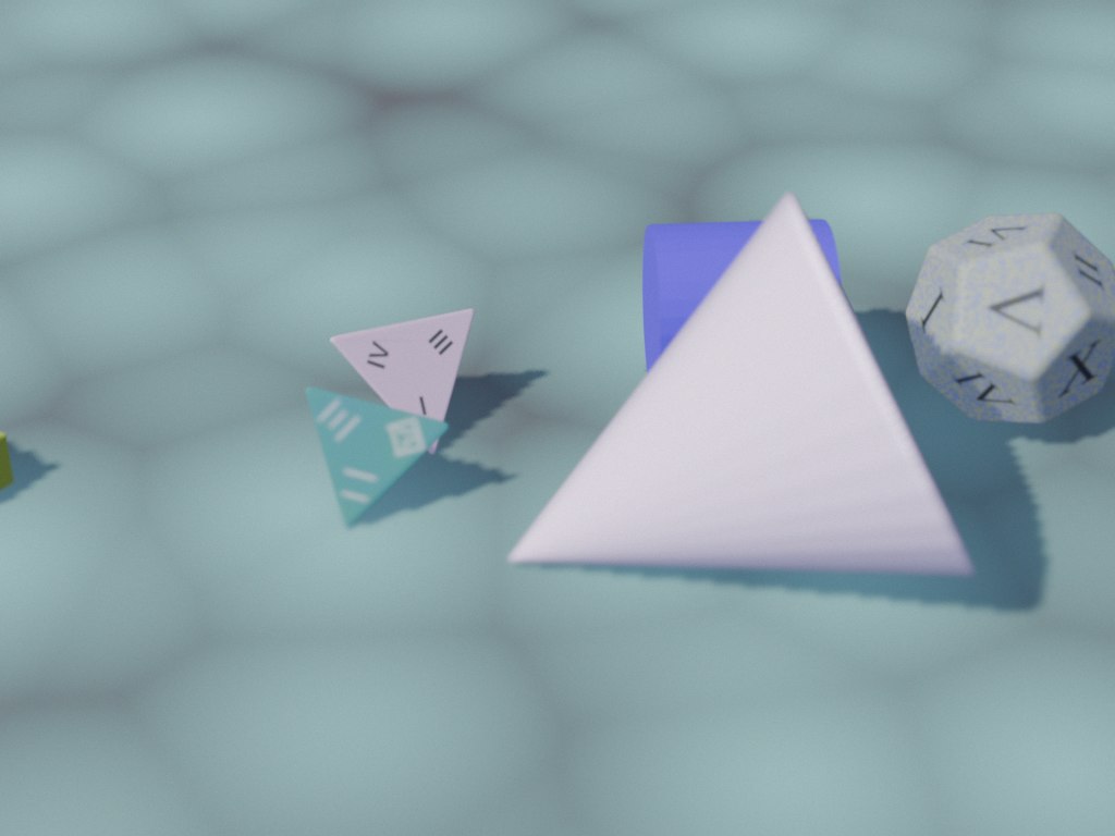 A physics-scattered scene with distractor primitives and an HDRI-lit honeycomb ground