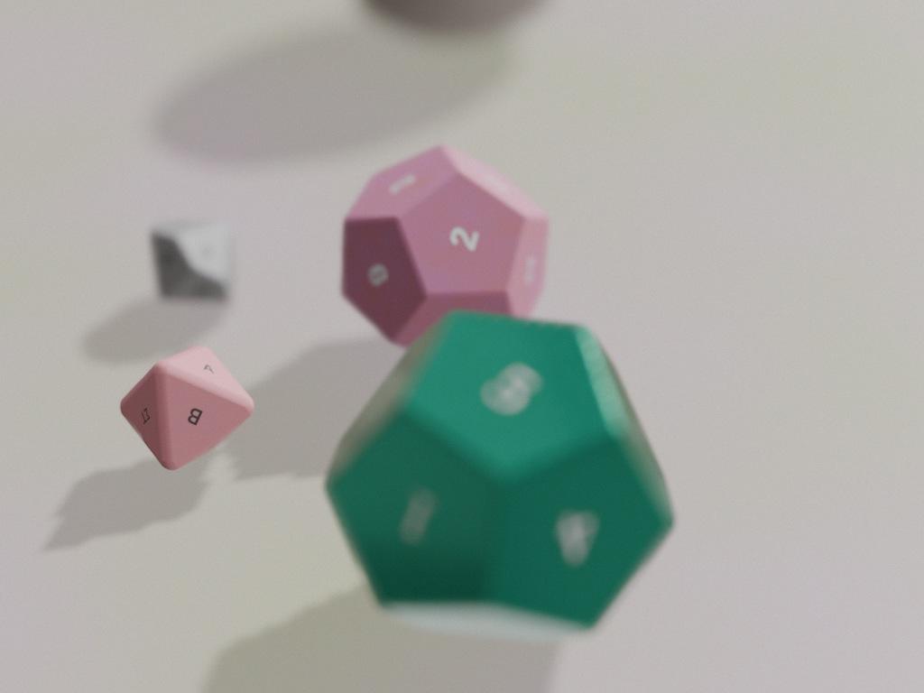 A cleaner tabletop scene: marbled and opaque dice on a plain lit surface