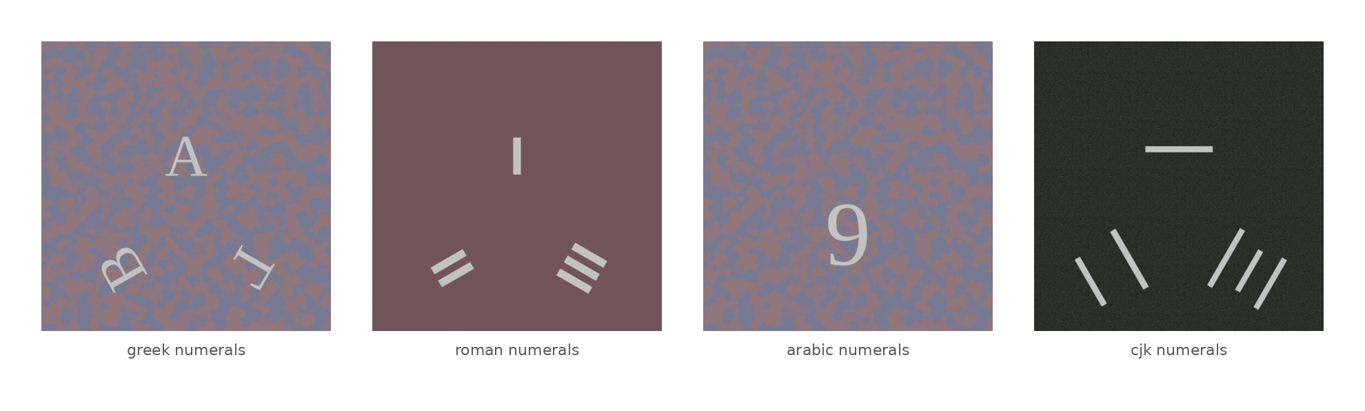4 of the supported glyph styles, cropped straight off the actual face textures the pipeline generates