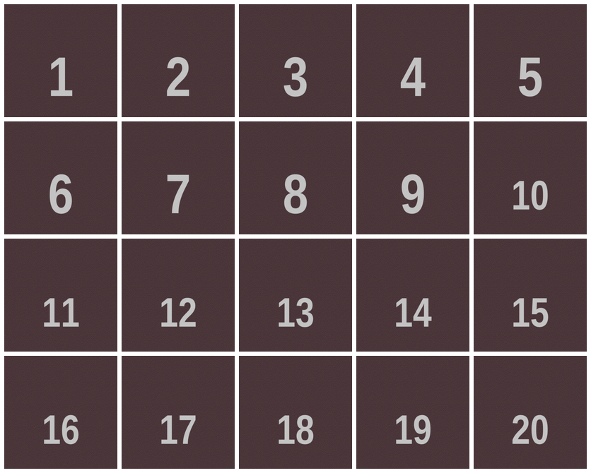 All 20 faces of one generated arabic-numeral d20, arranged 1-20 — real output, confirming the numbering scheme lands on every value