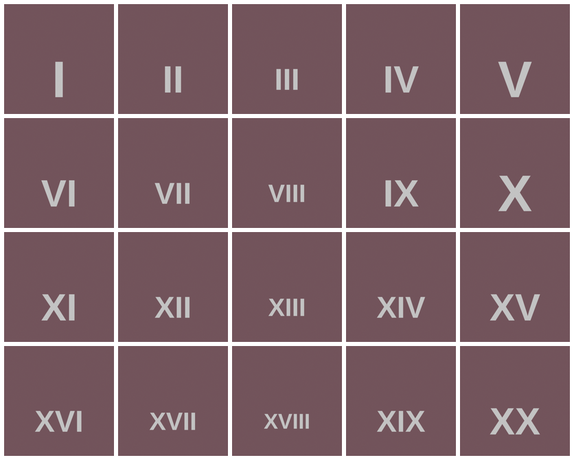 Same, roman numerals — a separate d20, I-XX